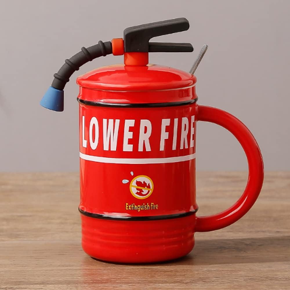 Fire Extinguisher Ceramic Mug with Lid & Spoon - 480ml - Diqqawi Plates