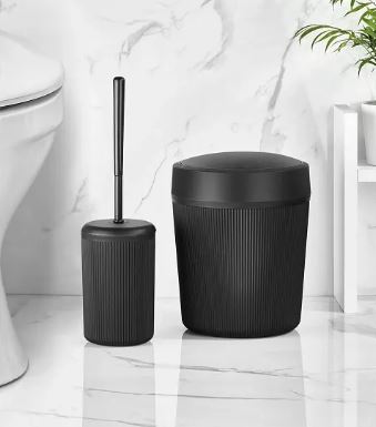 Black Bathroom Trash Can And Toilet Brush Set - Diqqawi Plates