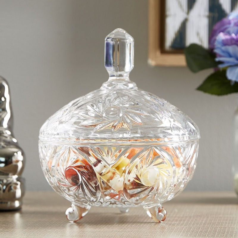 Crystal Cut Footed Candy Bowl with Lid - 16 cm - Diqqawi Plates