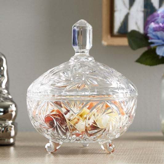 Crystal Cut Footed Candy Bowl with Lid - 16 cm - Diqqawi Plates
