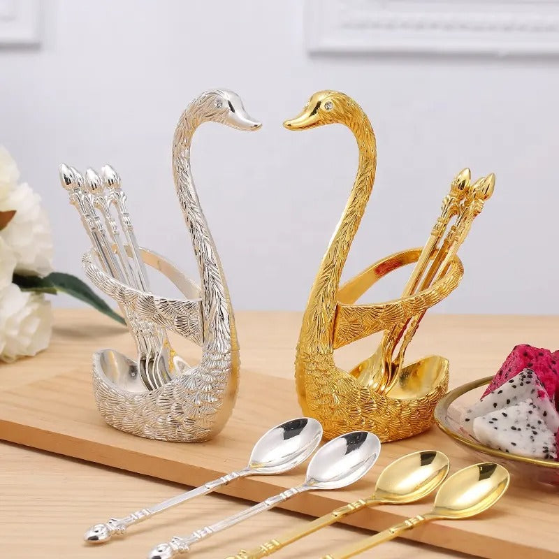 7pcs Dinnerware Set Decorative Swan Base Holder With 6 Spoons - Diqqawi Plates