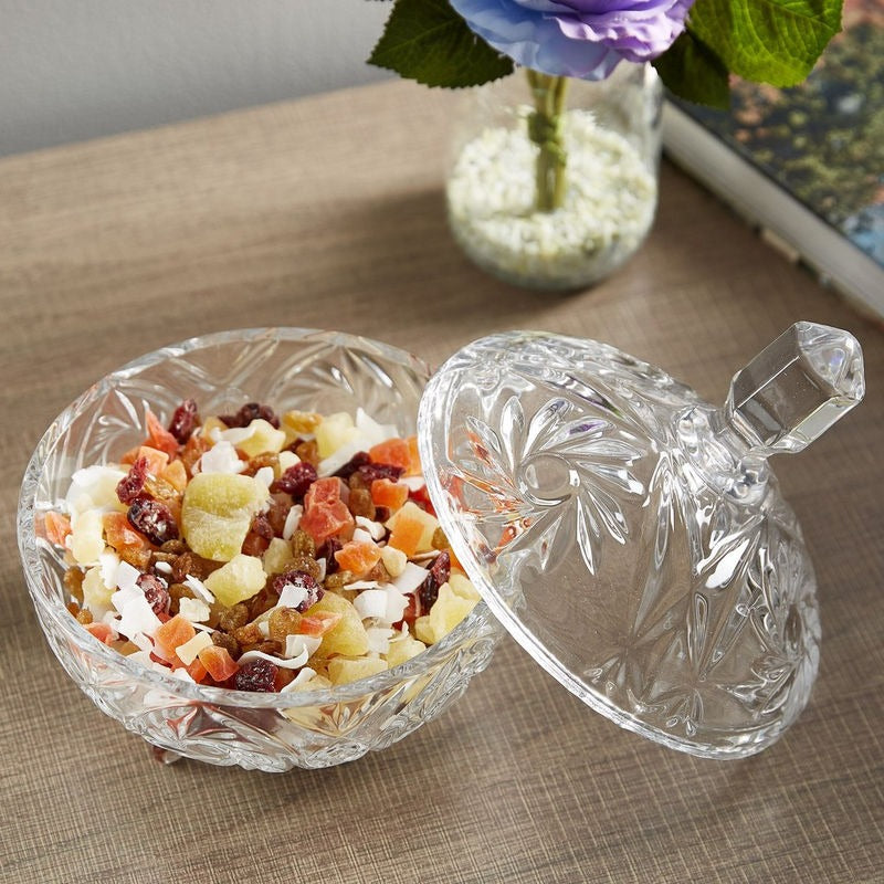 Crystal Cut Footed Candy Bowl with Lid - 16 cm - Diqqawi Plates