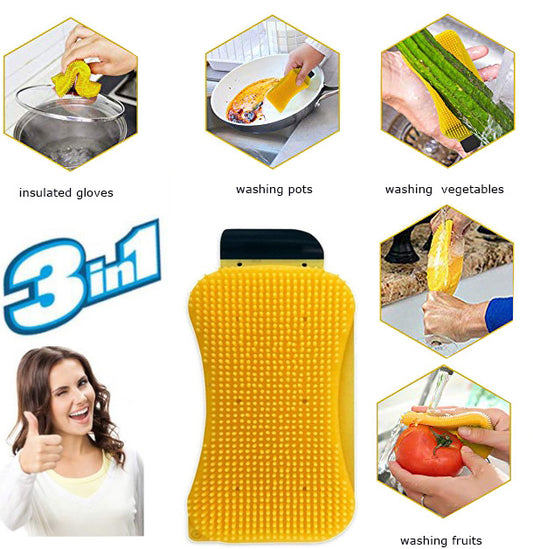 3 in 1 Kitchen Silicone Cleaning Brush Dishwashing Mat With Foam Tool Kitchen Accessories - Diqqawi Plates