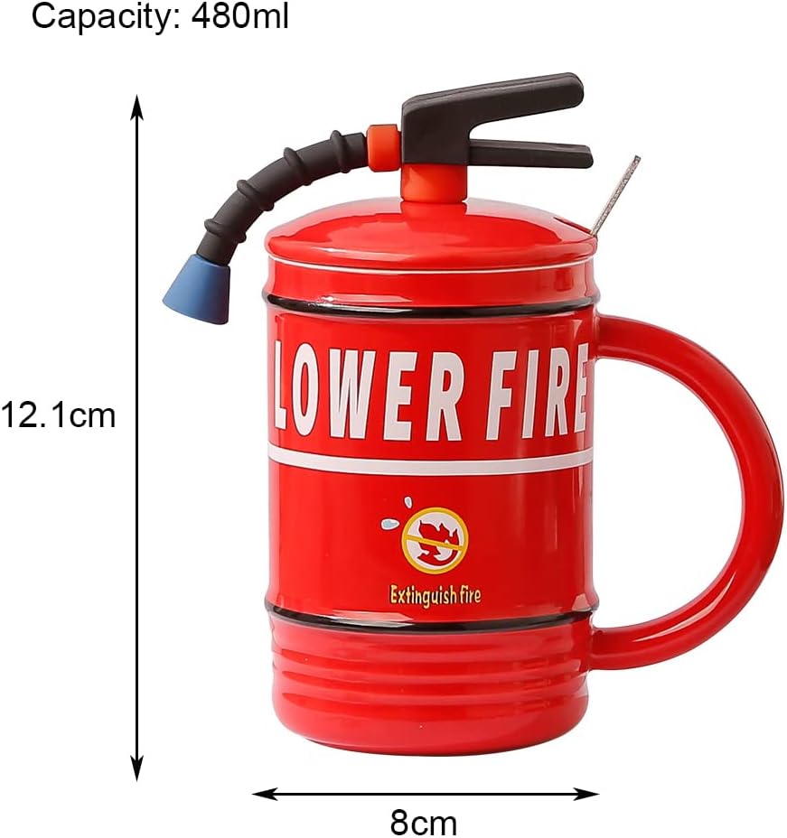 Fire Extinguisher Ceramic Mug with Lid & Spoon - 480ml - Diqqawi Plates