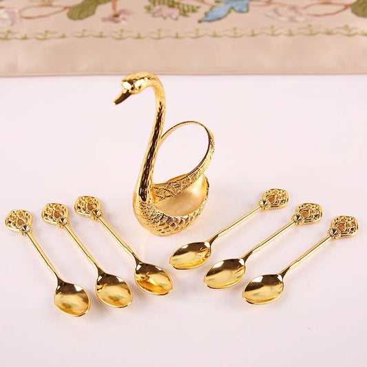 7pcs Dinnerware Set Decorative Swan Base Holder With 6 Spoons - Diqqawi Plates