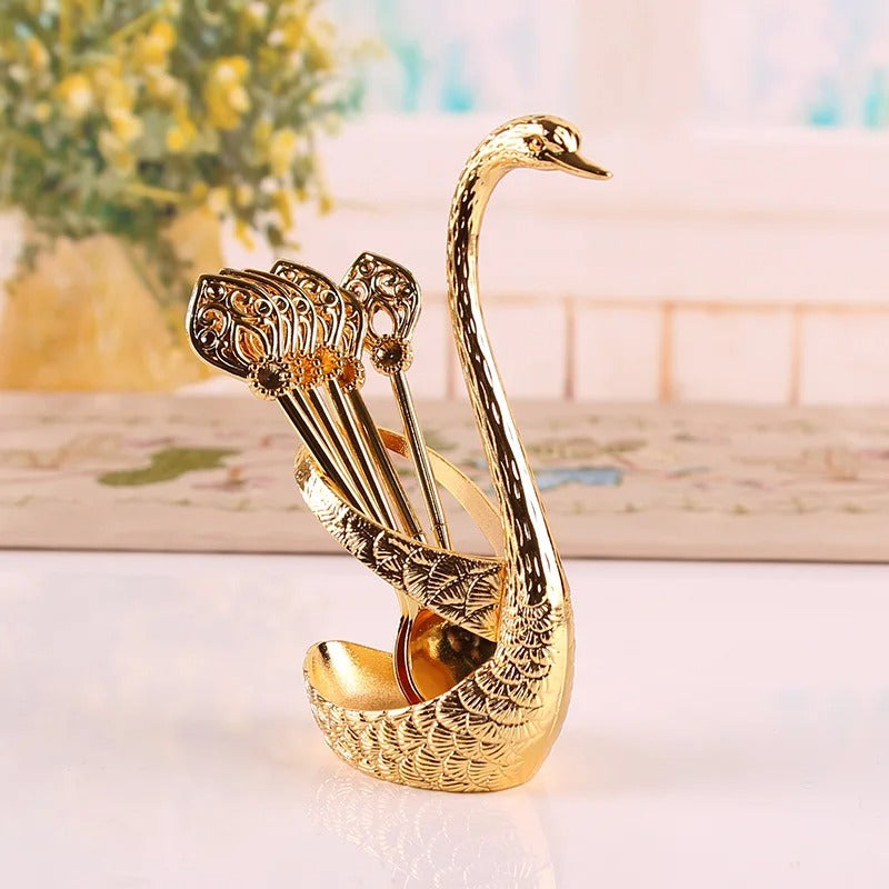 7pcs Dinnerware Set Decorative Swan Base Holder With 6 Spoons - Diqqawi Plates
