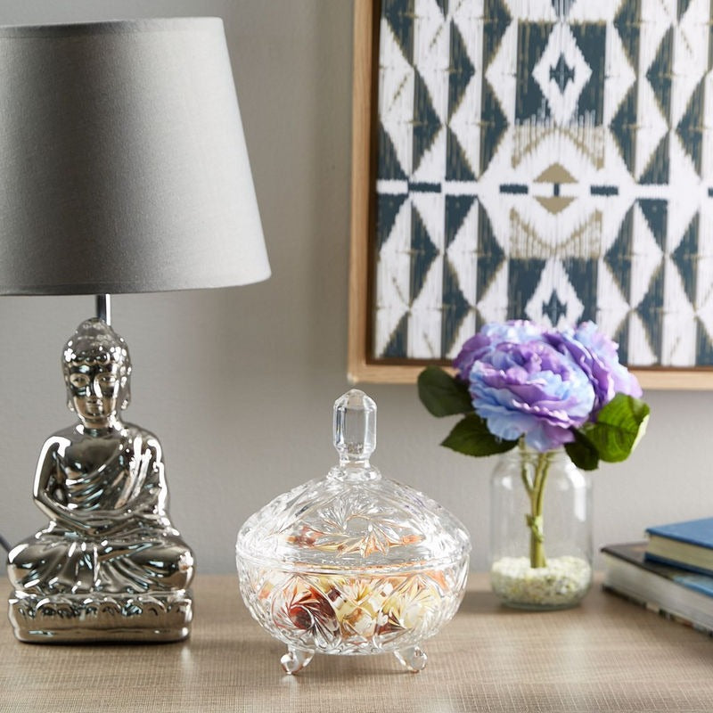 Crystal Cut Footed Candy Bowl with Lid - 16 cm - Diqqawi Plates