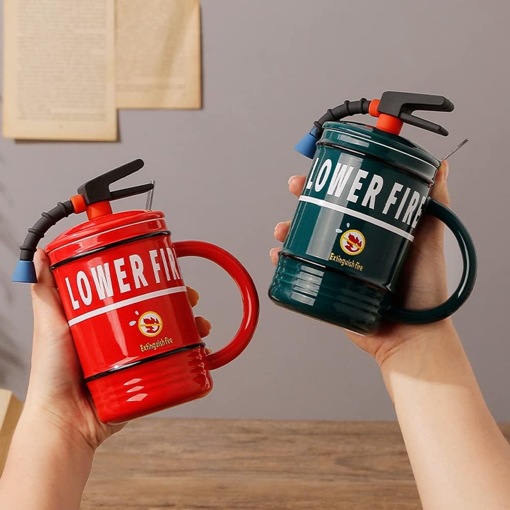 Fire Extinguisher Ceramic Mug with Lid & Spoon - 480ml - Diqqawi Plates