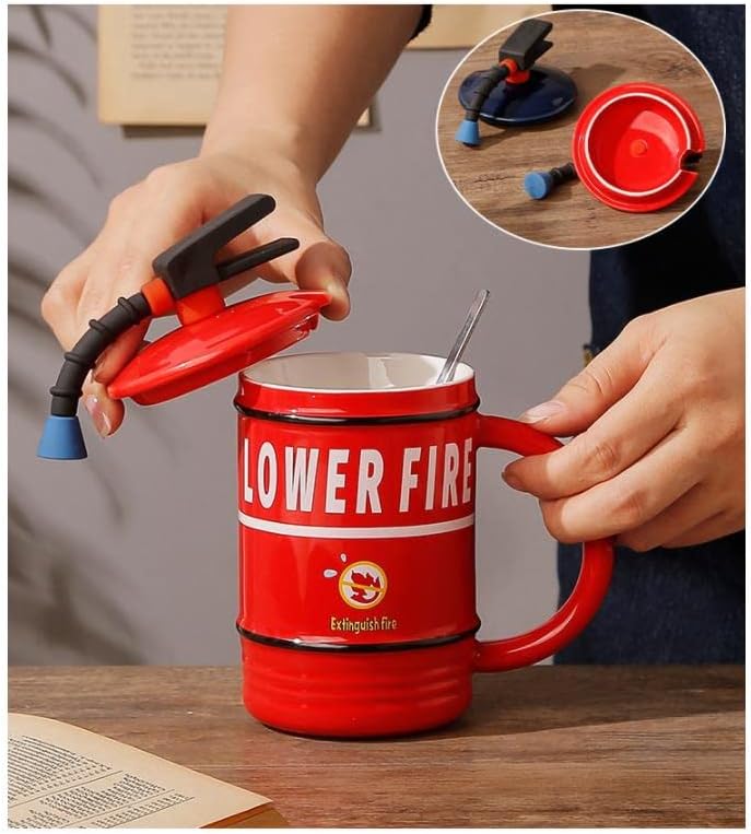 Fire Extinguisher Ceramic Mug with Lid & Spoon - 480ml - Diqqawi Plates