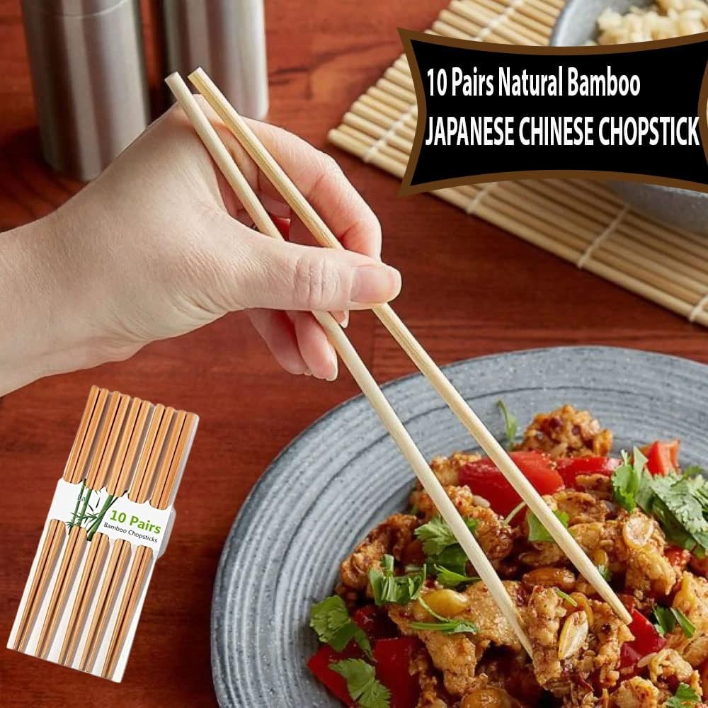 10 Pairs Natural Bamboo Chopsticks, 24cm Reusable Japanese Chinese Chop Stick - Diqqawi Plates