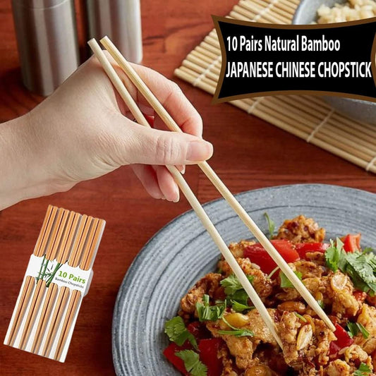 10 Pairs Natural Bamboo Chopsticks, 24cm Reusable Japanese Chinese Chop Stick - Diqqawi Plates