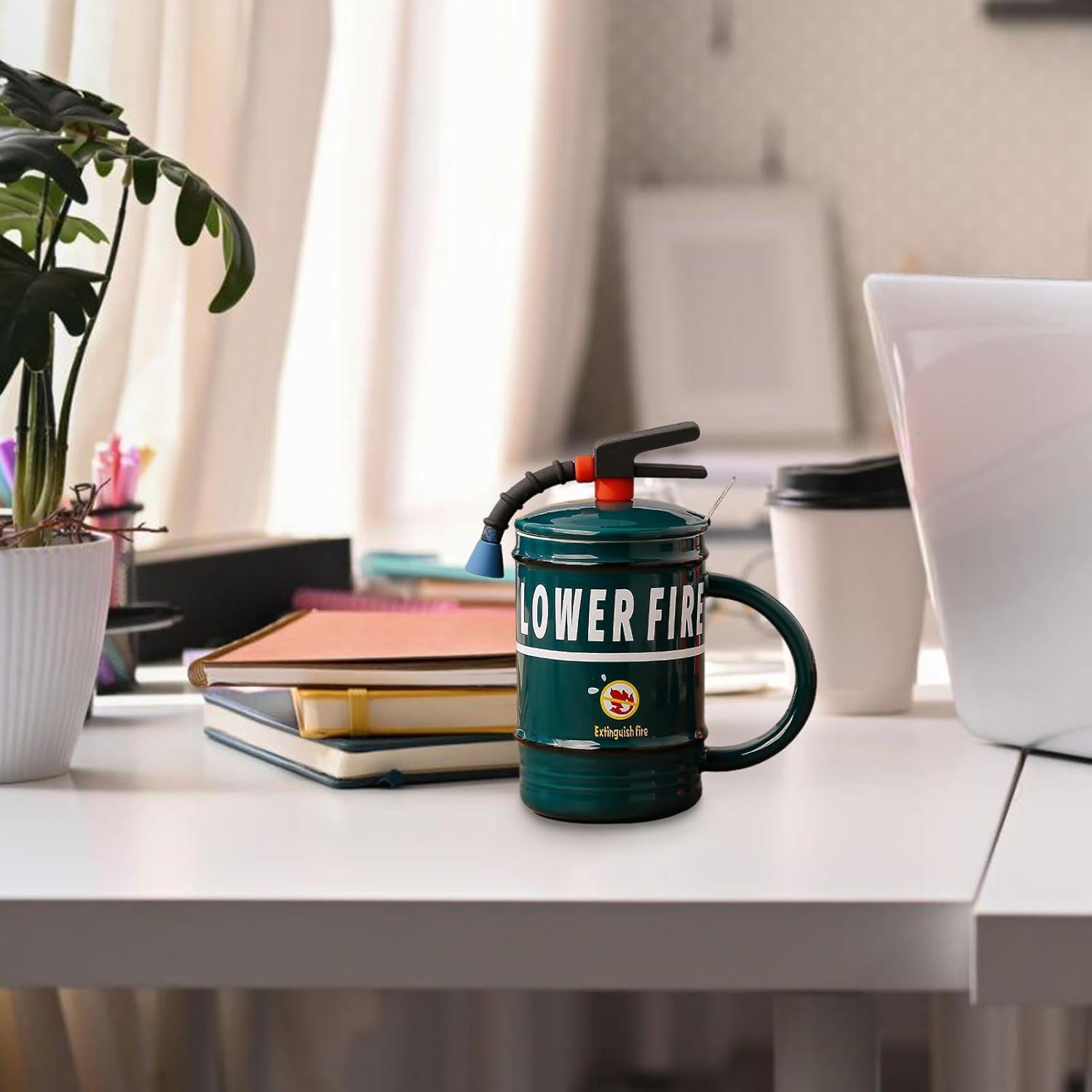 Fire Extinguisher Ceramic Mug with Lid & Spoon - 480ml - Diqqawi Plates