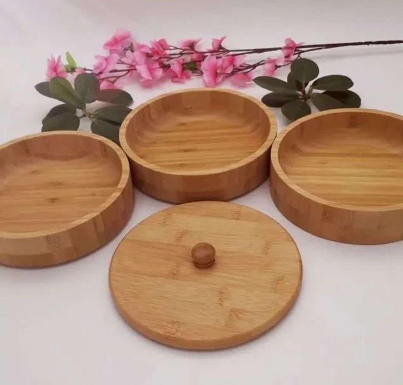 Round Bamboo Jar Salt and Spices Storage Container Spice Container 3-Tier - Diqqawi Plates