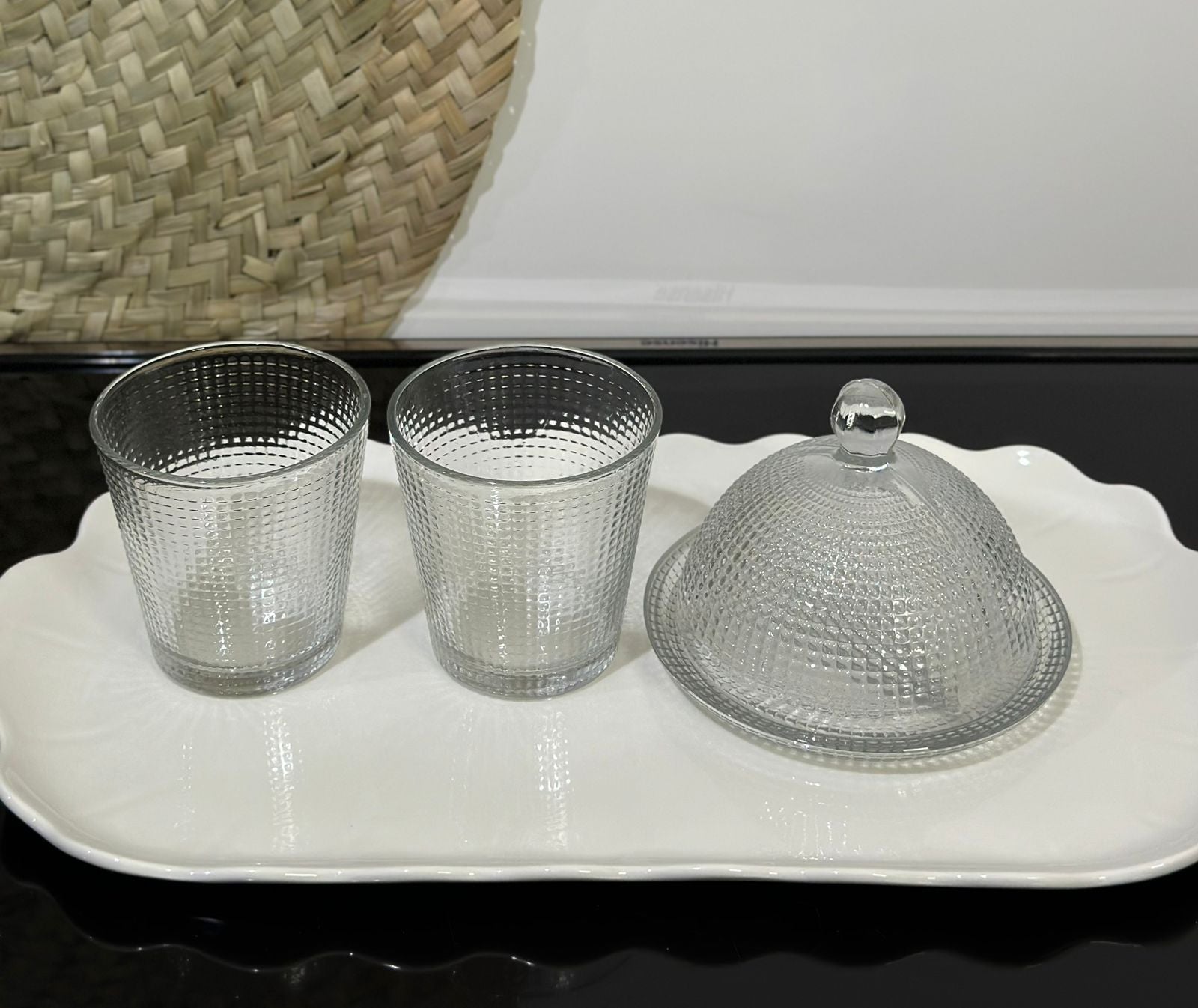3pcs set Glass Serving Dessert plate with Lid and 2 cups - Diqqawi Plates
