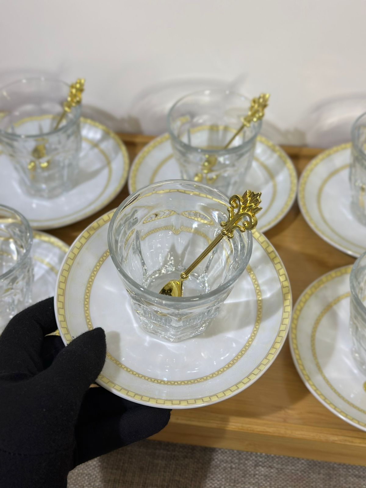 Glass Tea Cup (185ml) with Porcelain Plate & Gold Tea Spoon - Diqqawi Plates