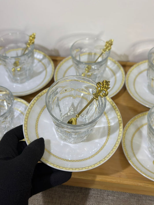Glass Tea Cup (185ml) with Porcelain Plate & Gold Tea Spoon - Diqqawi Plates