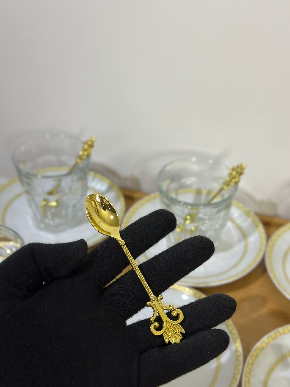 Glass Tea Cup (185ml) with Porcelain Plate & Gold Tea Spoon - Diqqawi Plates