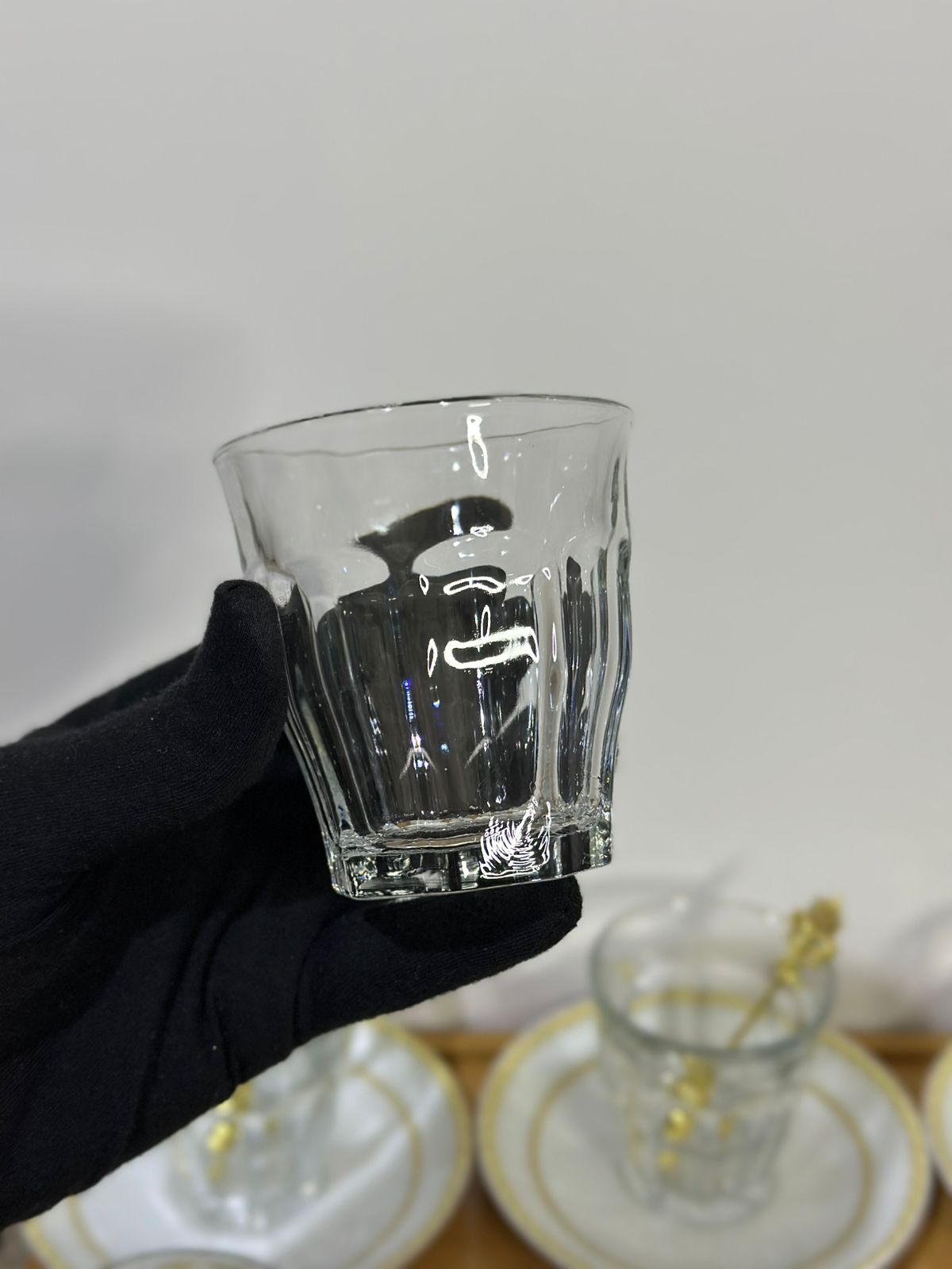 Glass Tea Cup (185ml) with Porcelain Plate & Gold Tea Spoon - Diqqawi Plates