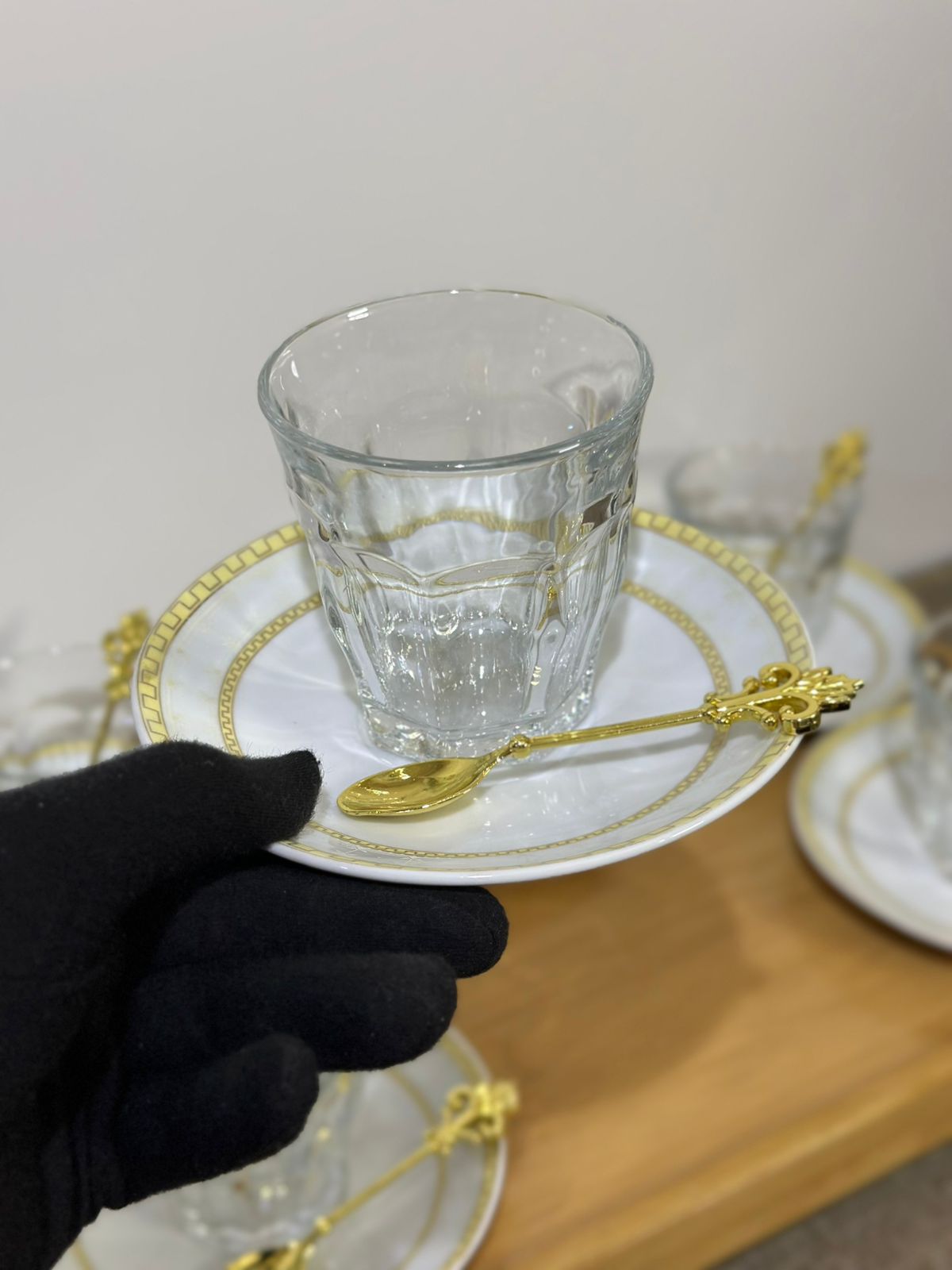 Glass Tea Cup (185ml) with Porcelain Plate & Gold Tea Spoon - Diqqawi Plates