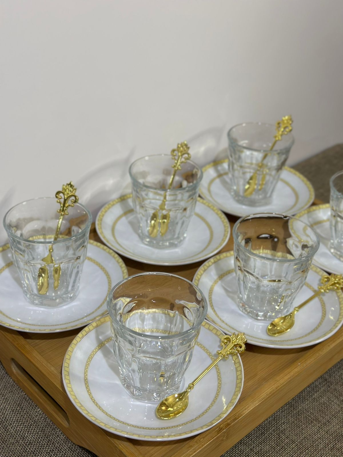 Glass Tea Cup (185ml) with Porcelain Plate & Gold Tea Spoon - Diqqawi Plates