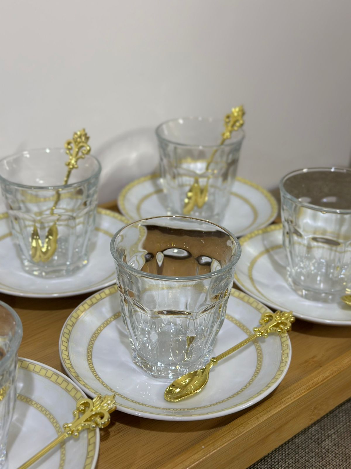 Glass Tea Cup (185ml) with Porcelain Plate & Gold Tea Spoon - Diqqawi Plates