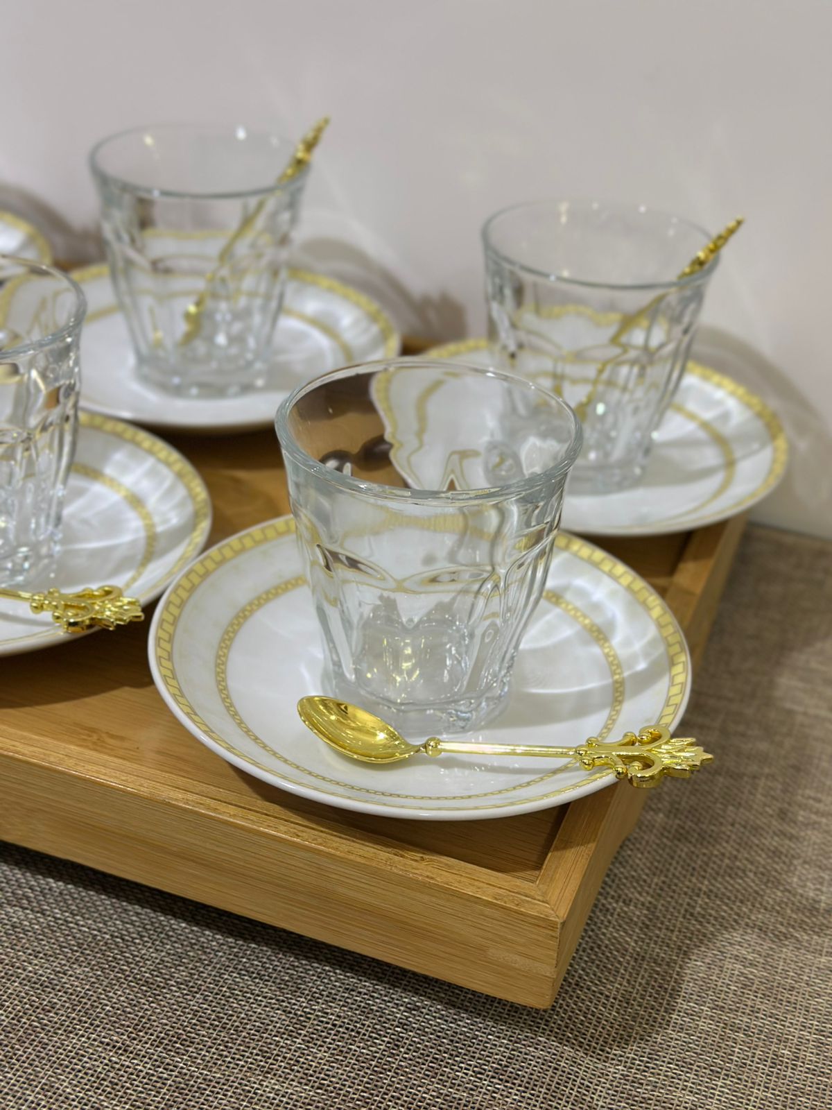Glass Tea Cup (185ml) with Porcelain Plate & Gold Tea Spoon - Diqqawi Plates