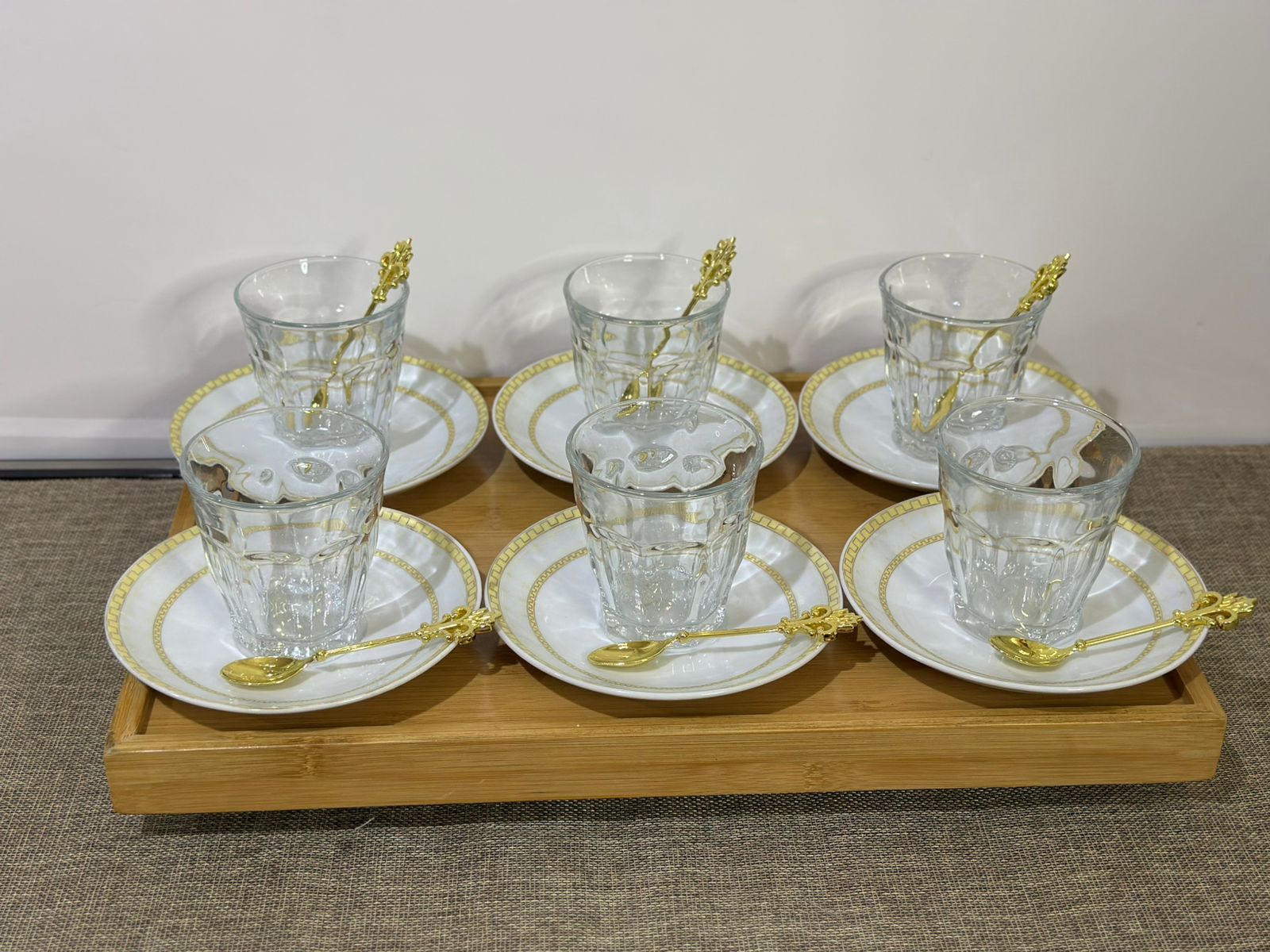 Glass Tea Cup (185ml) with Porcelain Plate & Gold Tea Spoon - Diqqawi Plates