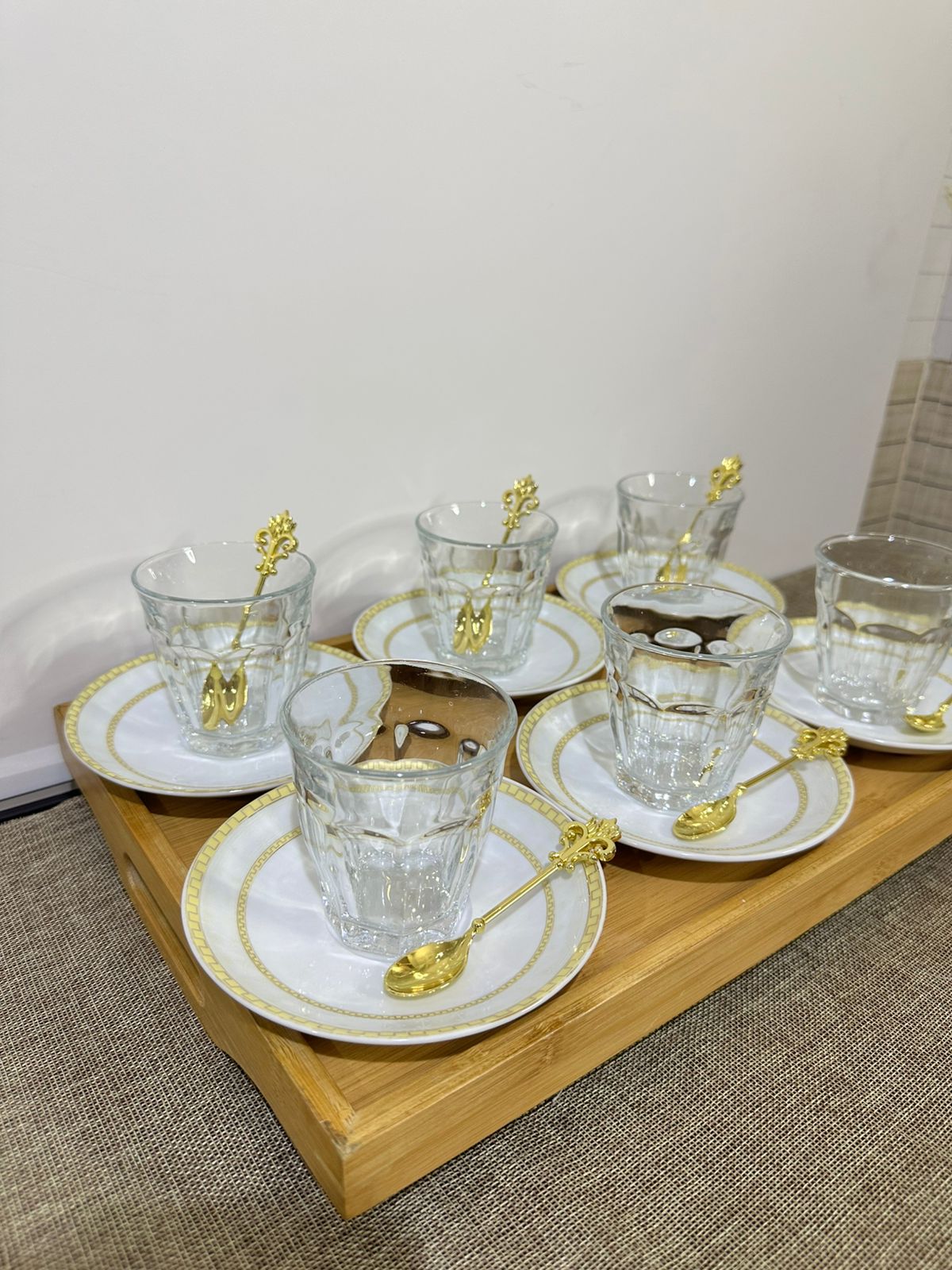 Glass Tea Cup (185ml) with Porcelain Plate & Gold Tea Spoon - Diqqawi Plates