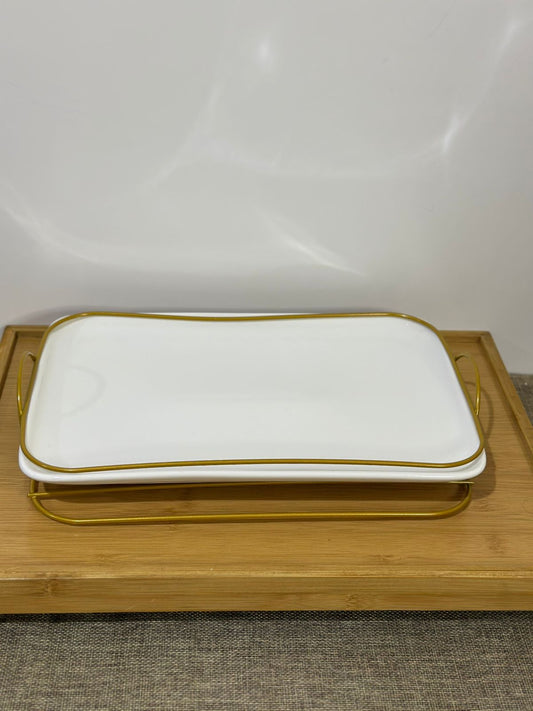 Rectangle Porcelain Serving Tray with Golden Iron Stand - Diqqawi Plates