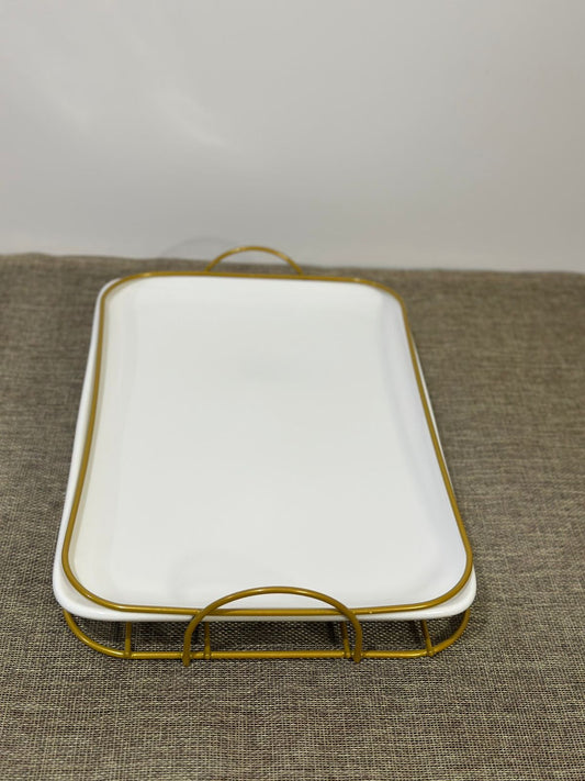 Rectangle Porcelain Serving Tray with Golden Iron Stand - Diqqawi Plates