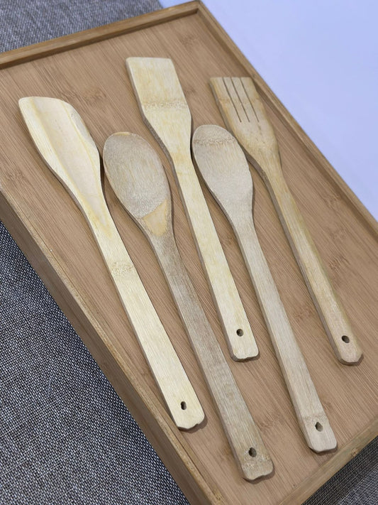 6-Piece Bamboo Wood Spatula Set with Porcelain Kitchen Holder