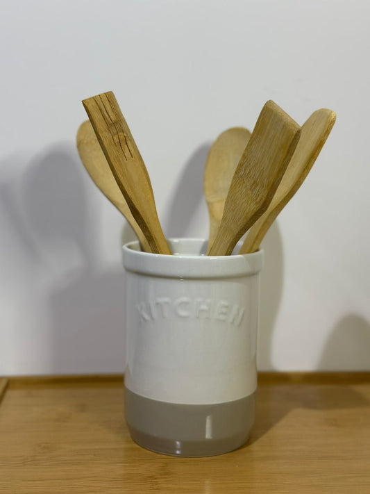 6-Piece Bamboo Wood Spatula Set with Porcelain Kitchen Holder