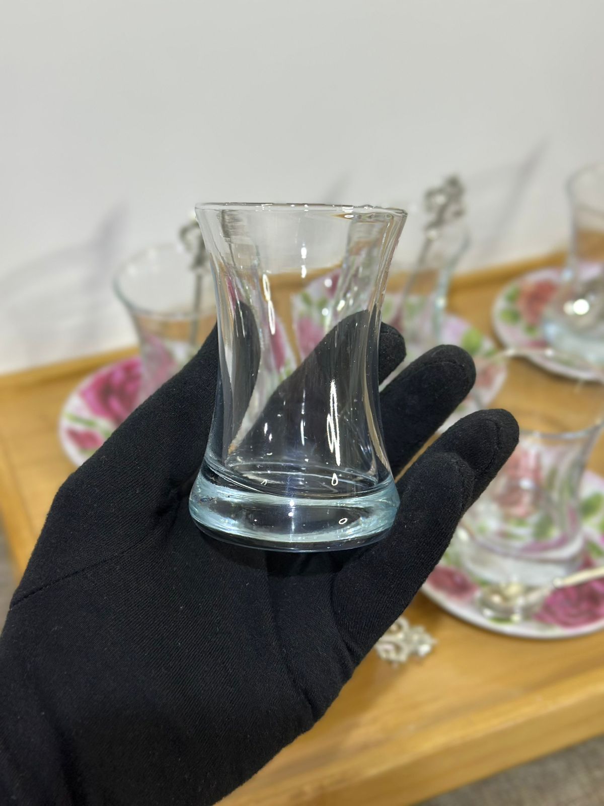 Glass Tea Cup (100ml) with Porcelain Plate & Silver Tea Spoon - Diqqawi Plates