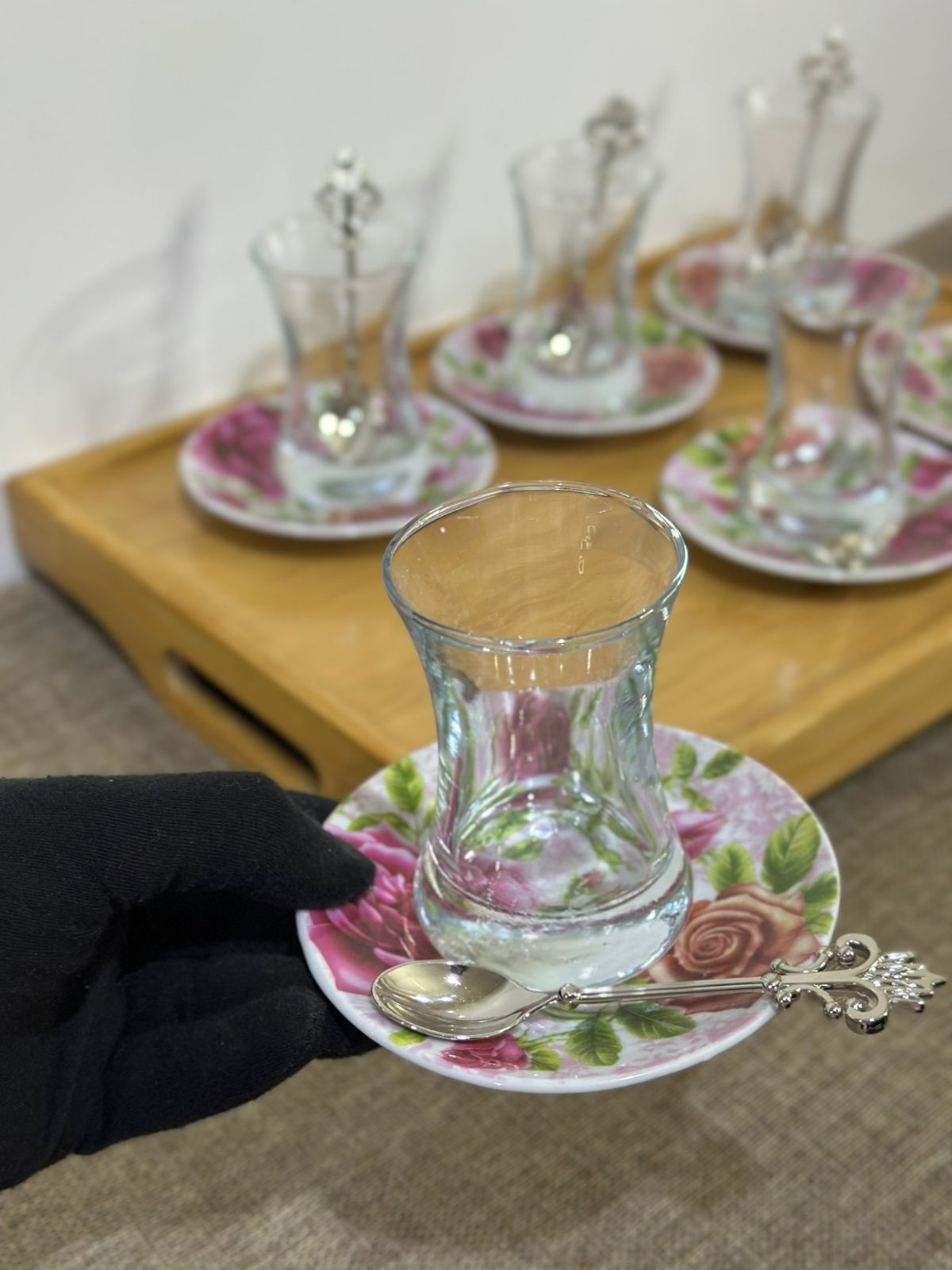 Glass Tea Cup (100ml) with Porcelain Plate & Silver Tea Spoon - Diqqawi Plates