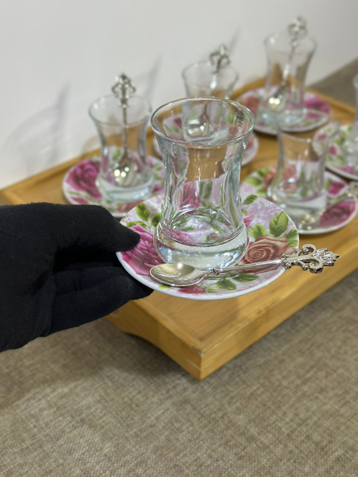 Glass Tea Cup (100ml) with Porcelain Plate & Silver Tea Spoon - Diqqawi Plates