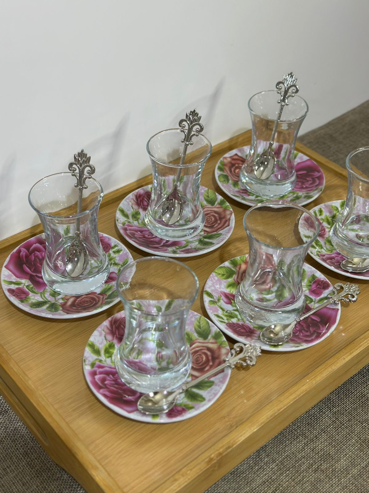 Glass Tea Cup (100ml) with Porcelain Plate & Silver Tea Spoon - Diqqawi Plates