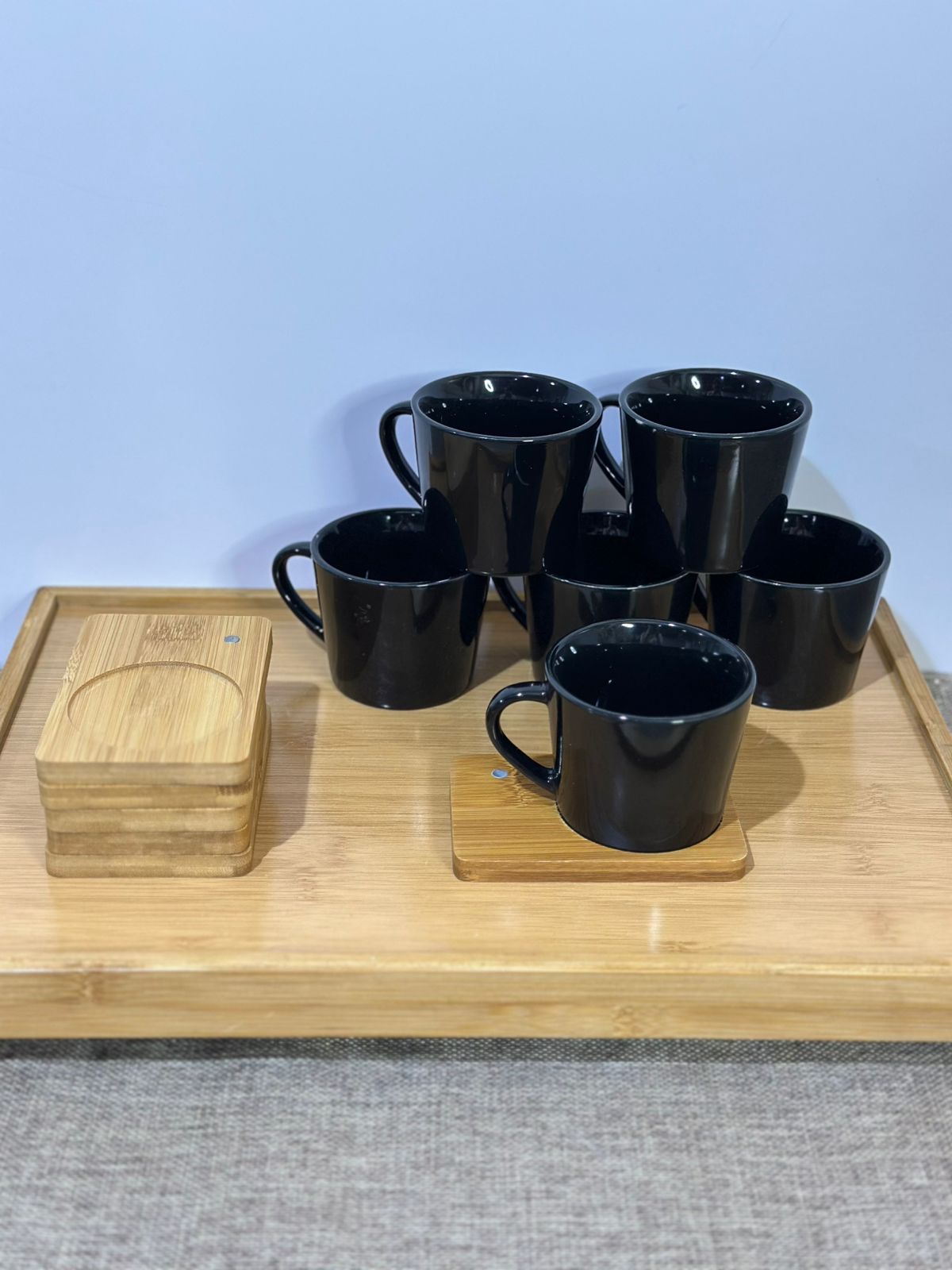 Black Porcelain Tea Cup (190ml) with Bamboo Wooden Plate - Diqqawi Plates