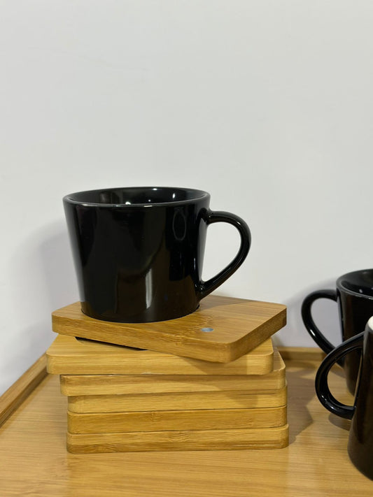 Black Porcelain Tea Cup (190ml) with Bamboo Wooden Plate - Diqqawi Plates