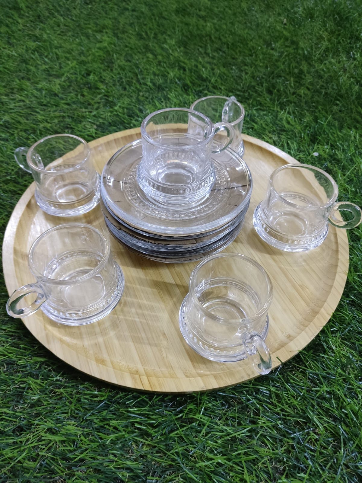 Elegant Glass Coffee Cup Set with Wooden Tray - Diqqawi Plates