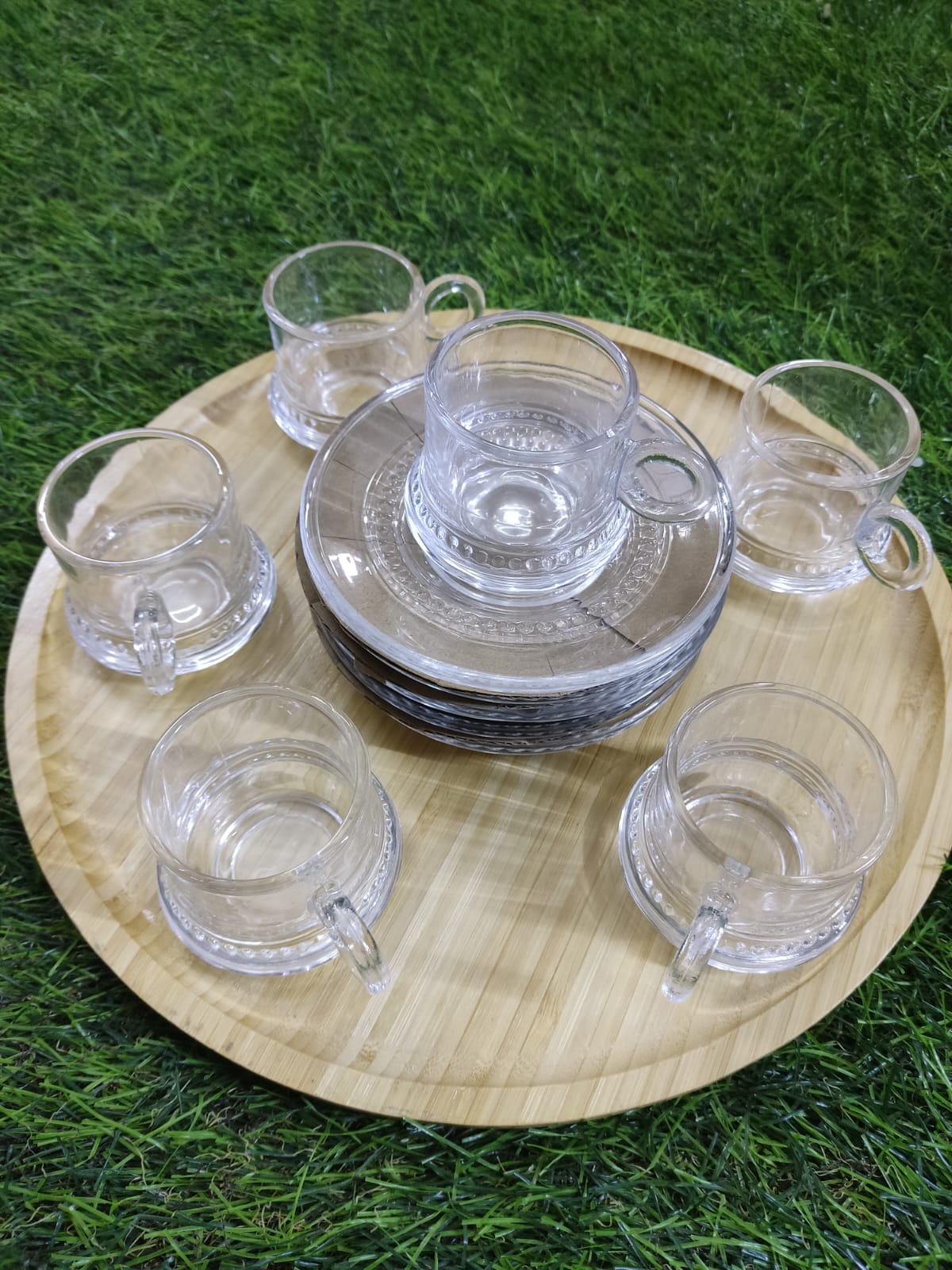 Elegant Glass Coffee Cup Set with Wooden Tray - Diqqawi Plates