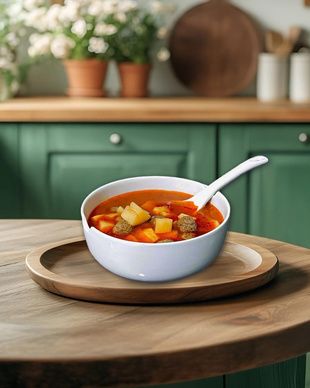Bowl of soup on a wooden table with a kitchen background