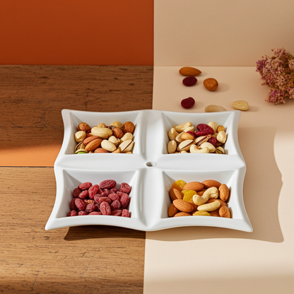 طبق سيراميك أبيض مربع مكون من 4 آبار للإفطار والمكسرات، طراز 2