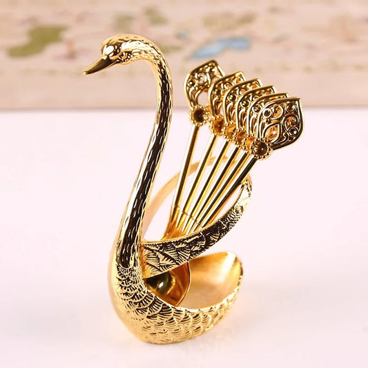 7pcs Dinnerware Set Decorative Swan Base Holder With 6 Spoons - Diqqawi Plates