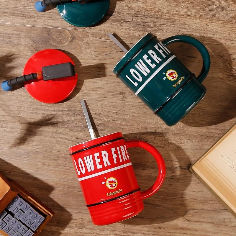 Fire Extinguisher Ceramic Mug with Lid & Spoon - 480ml - Diqqawi Plates