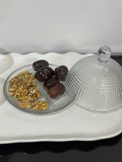 3pcs set Glass Serving Dessert plate with Lid and 2 cups - Diqqawi Plates