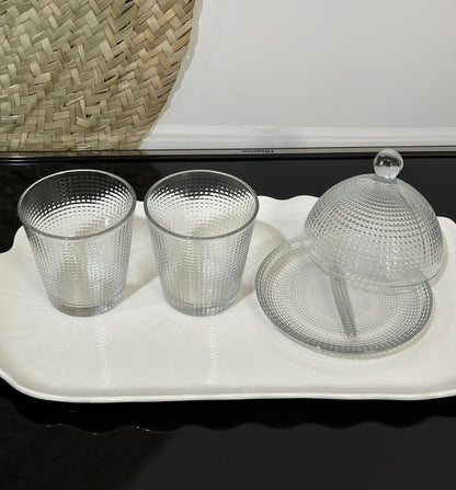 3pcs set Glass Serving Dessert plate with Lid and 2 cups - Diqqawi Plates