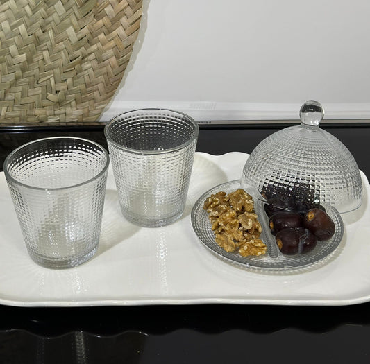 3pcs set Glass Serving Dessert plate with Lid and 2 cups - Diqqawi Plates