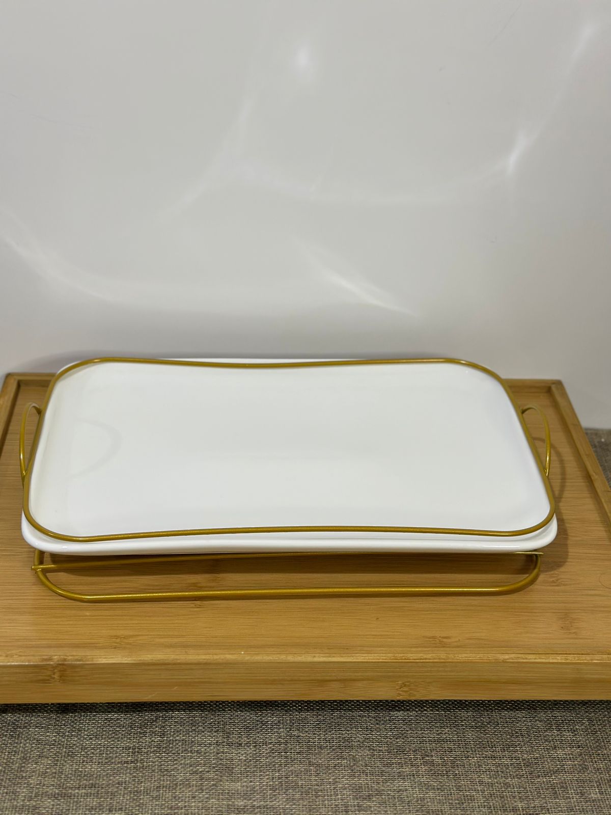 Rectangle Porcelain Serving Tray with Golden Iron Stand - Diqqawi Plates