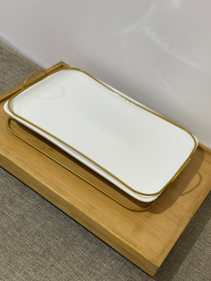 Rectangle Porcelain Serving Tray with Golden Iron Stand - Diqqawi Plates