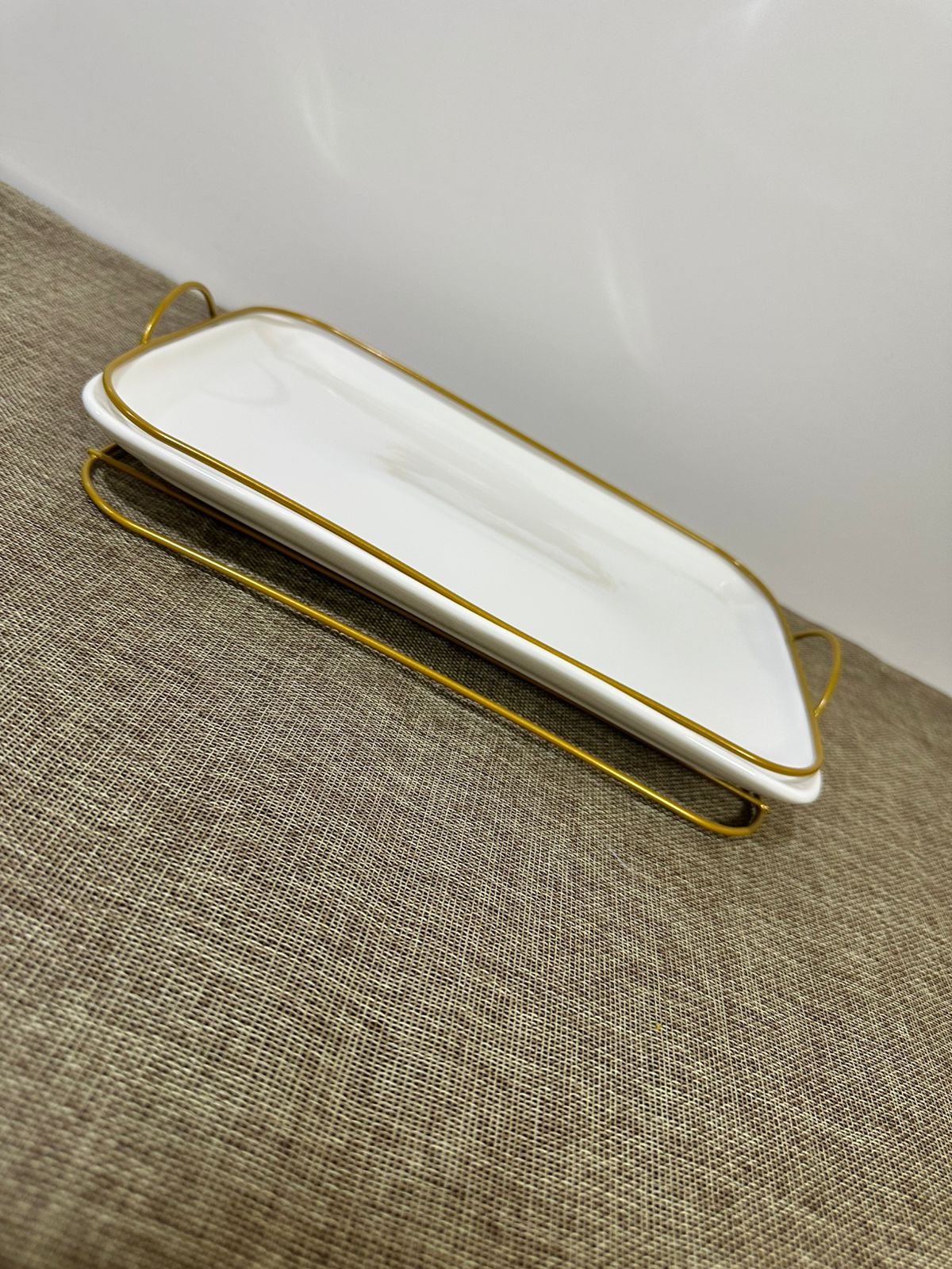 Rectangle Porcelain Serving Tray with Golden Iron Stand - Diqqawi Plates